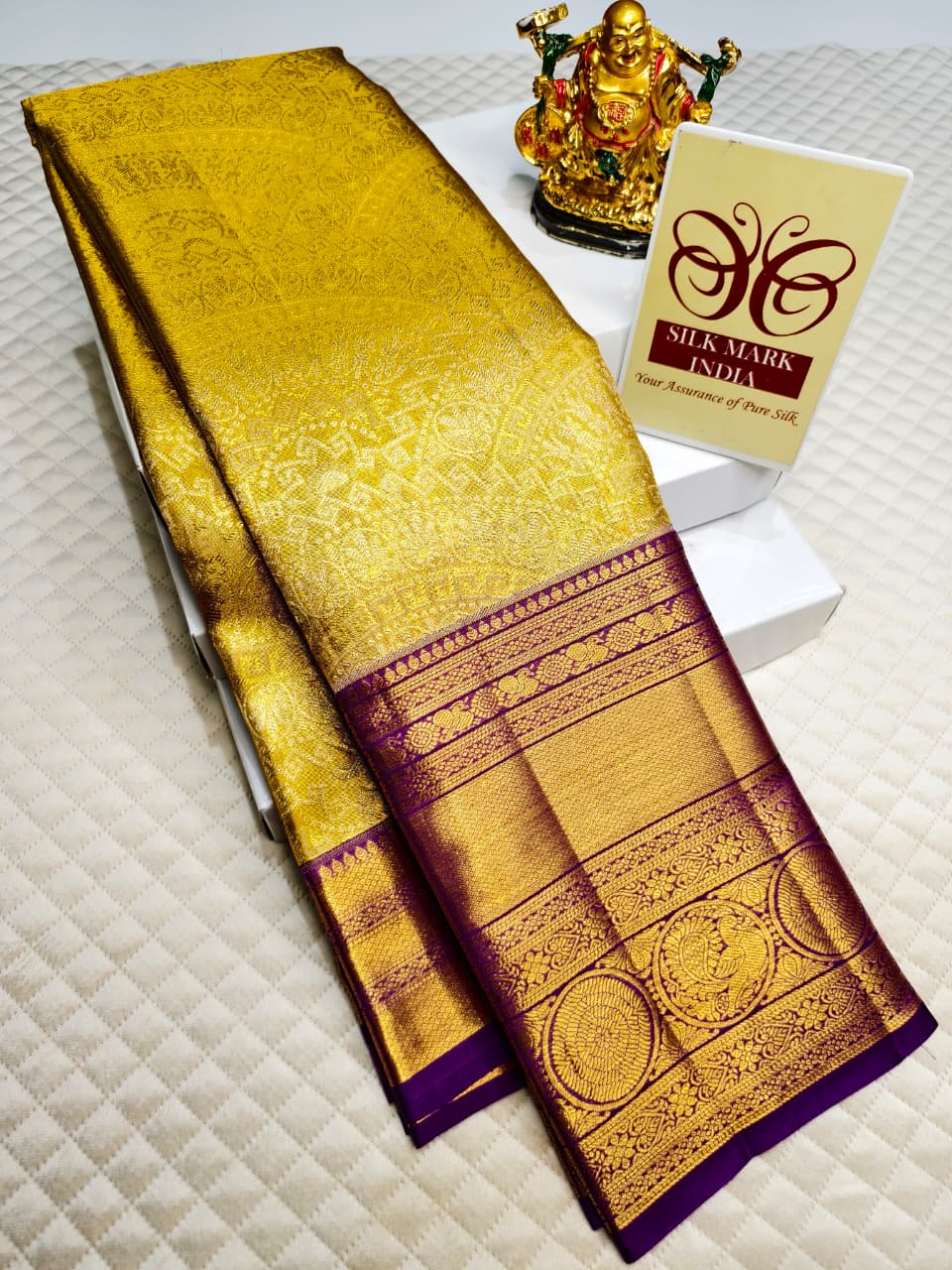 Gold Pure Kancheepuram Silk Saree with Purple Zari Border and Medallion Pallu