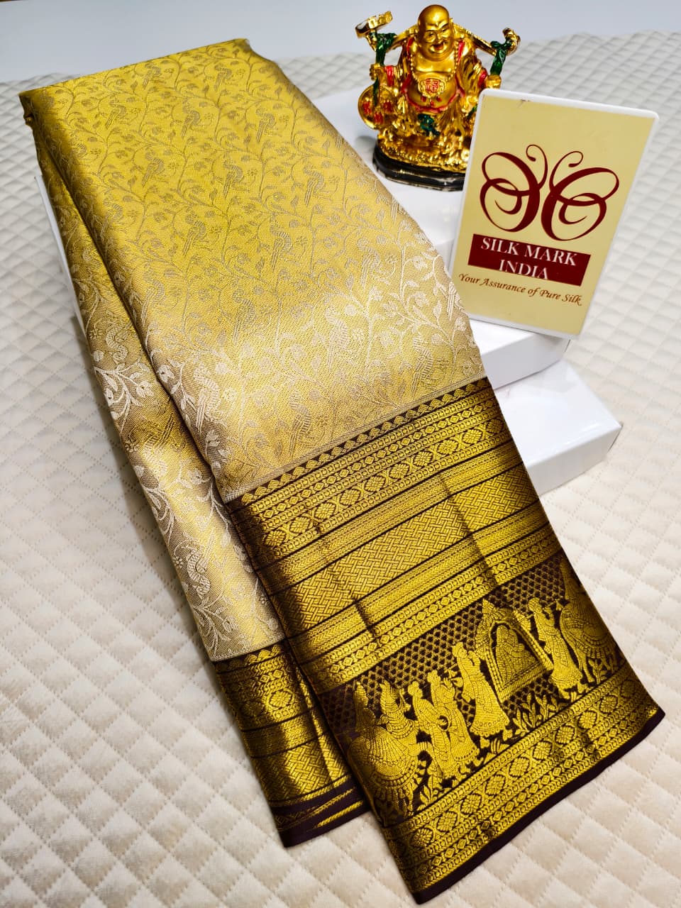 Gold Pure Kancheepuram Silk Saree with Purple Zari Border & Medallion Pallu