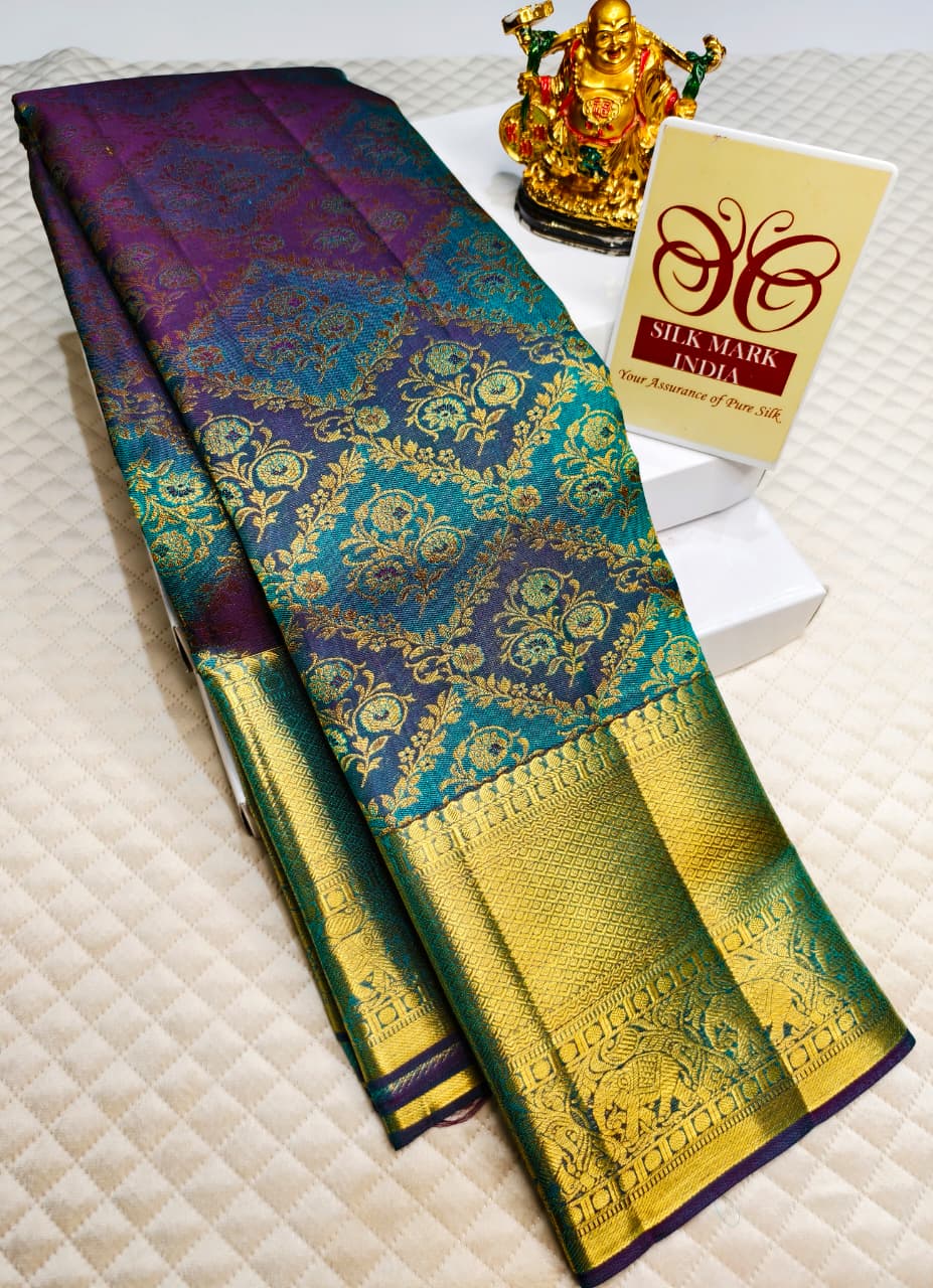 Purple Teal Dual-Tone Pure Kancheepuram Silk Saree with Gold Zari Elephant Pallu