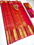 Authentic Kancheepuram Pure Silk Saree in red and pink with gold zari border and pallu