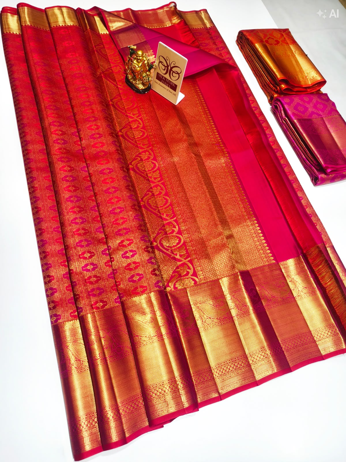 Authentic Kancheepuram Pure Silk Saree in red and pink with gold zari border and pallu