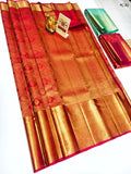 Kancheepuram pure silk saree in red and teal with heavy gold zari body and border