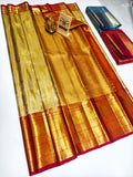 Gold and red Kancheepuram pure silk saree with heavy zari border