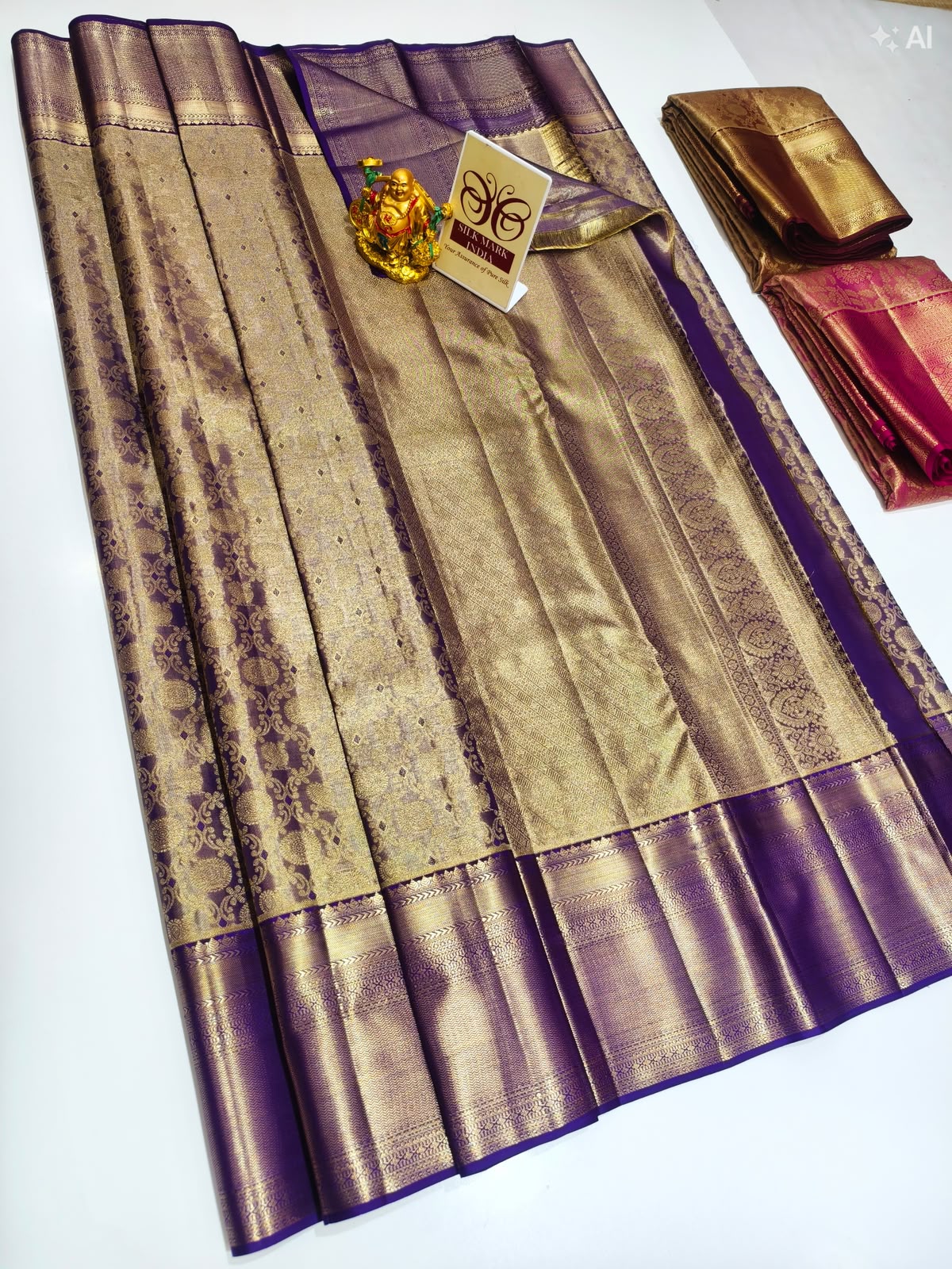 Royal purple and gold Kancheepuram pure silk saree with intricate zari weave