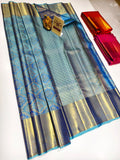 Sky blue and navy Kancheepuram pure silk saree with gold zari border and geometric motifs