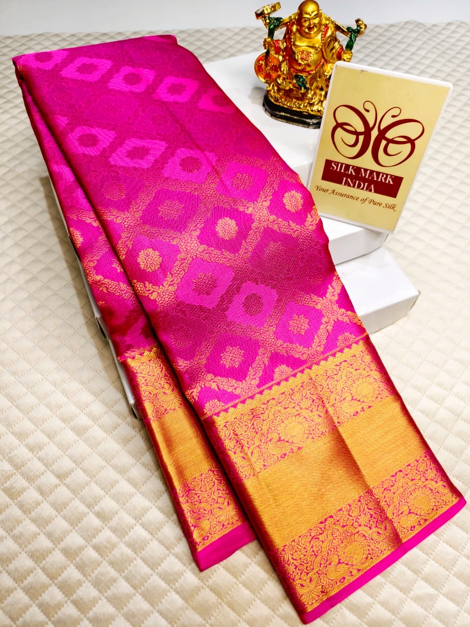 Rani Pink Pure Kancheepuram Silk Saree with Gold Zari Geometric Weave